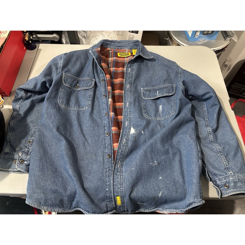 Stanley Vintage Denim Shirt Jacket Men's L Flannel Lined Pockets Work Shacket